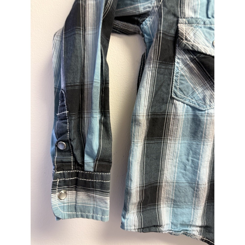 Cowboy Hardware Boys Western Snap Shirt Size XS 5 Blue Black Plaid Cowboy - Picture 3 of 9